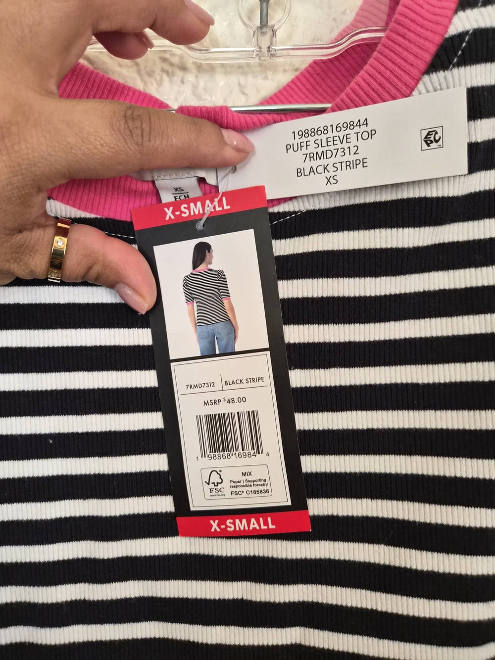 Rebecca Minkoff Black & White Striped Tee with Hot Pink Trim - Picture 5 of 6